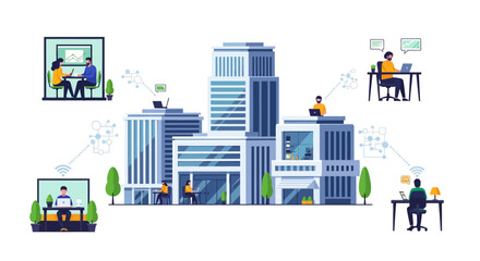 Obraz premium Seamless Hybrid Work Connectivity: Remote Teams Collaborating Globally with Central Office Buildings - Modern Distributed Workplace Network Illustration