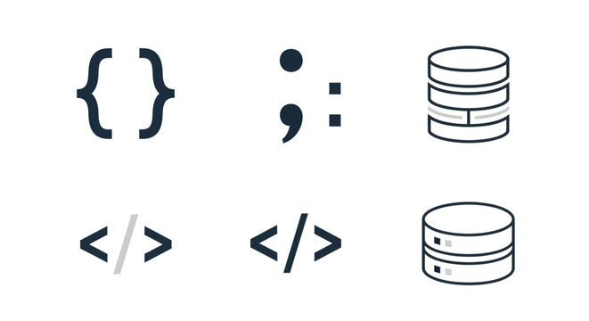 Coding symbols and database icons on white background