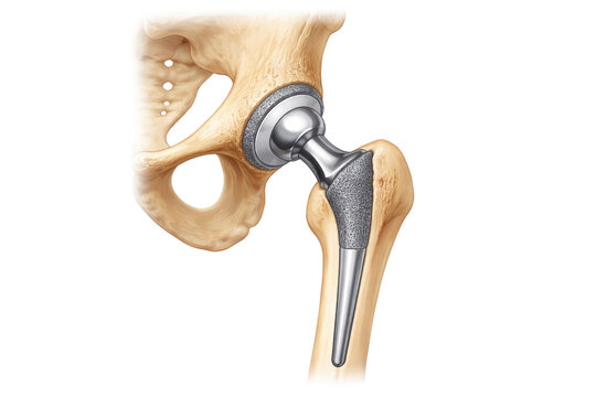 Hip Joint Prosthesis Replacement Surgery with Metal Implant Artificial Hip Joint Isolated on White Background