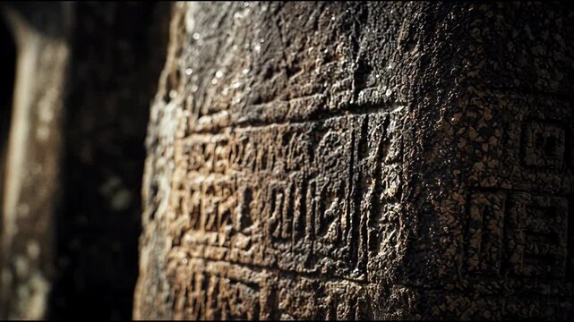 Ancient Hieroglyphs Carved into Stone Pillar.