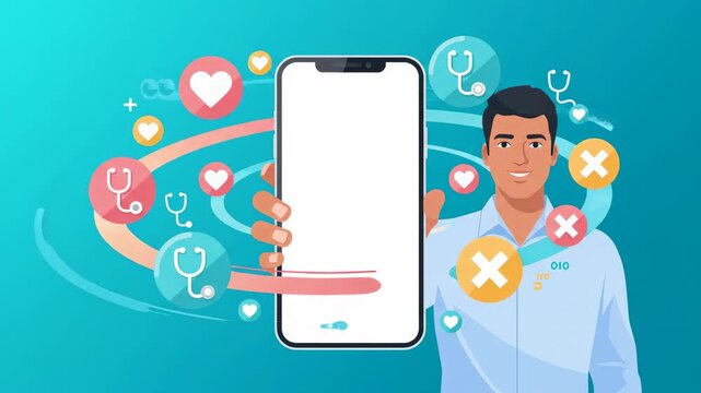 Cartoon doctor holding mobile app for telemedicine online healthcare platform animated design