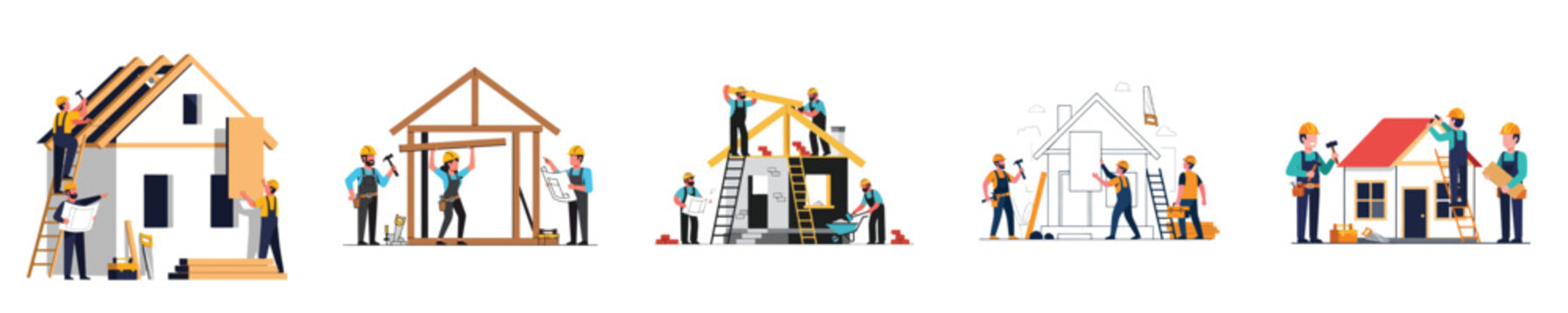 Set of Safety helmet worker carrying construction tools, minimalist flat vector character design, isolated on white.