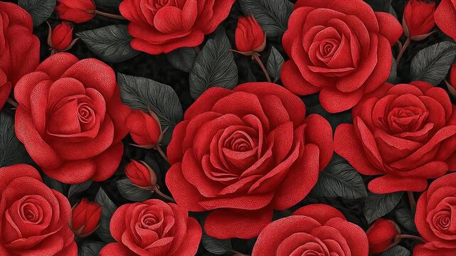 Seamless floral pattern with vibrant red roses and dark green leaves on a black background, perfect for romantic designs