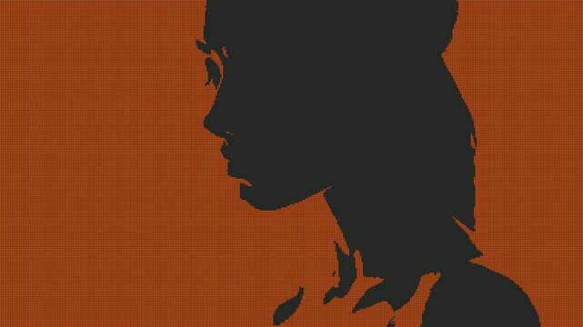 A captivating abstract silhouette of a young woman's profile against a vibrant red, pixelated backdrop. This stylized motion graphic evokes a sense of thought and modern art.