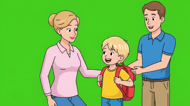 Cartoon family sending son to school animation with green screen background for video compositing and educational content