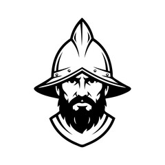 Logo conquistador español. Icono con cabeza de guerrero español con casco morrión  © teracreonte