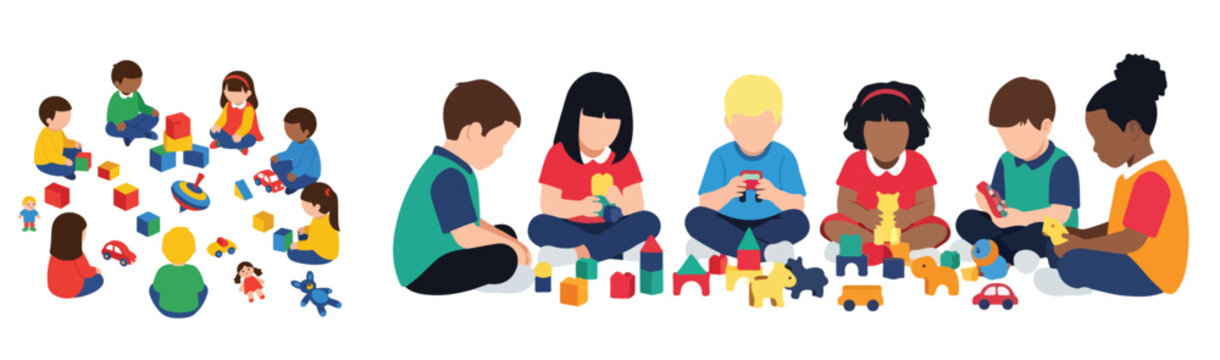 Young children stacking colorful building blocks together, playful flat vector scene