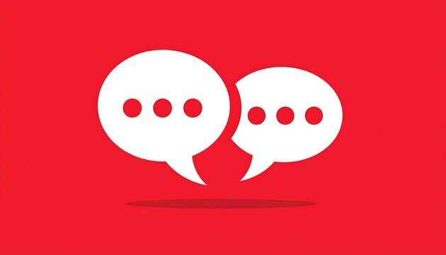 Two white speech bubbles with three dots each overlap, casting a slight shadow on a bright red background, signifying communication