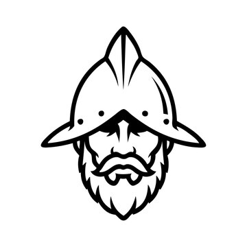 Logo conquistador espa&ntilde;ol. Icono con cabeza de guerrero espa&ntilde;ol con casco morri&oacute;n 