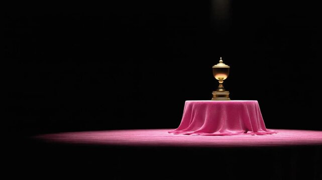 Golden award trophy displayed on a luxurious pink velvet table under a dramatic spotlight against a dark background, symbolizing success, achievement, and victory.