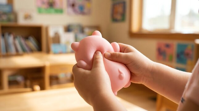 Child hands squeezing pink pig squishy toy sensory autism ADHD classroom