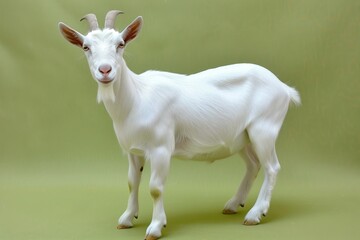Obraz premium White goat stands on a green background with a friendly expression while looking at the viewer during daylight