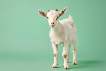 Obraz premium Young goat stands on a green background looking at the camera with curiosity and playfulness in its eyes while exploring its surroundings