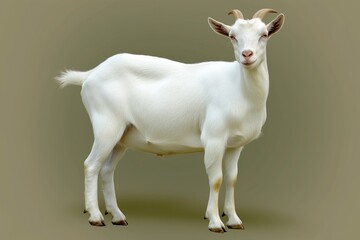 Fototapeta premium White goat stands still on a plain background during daytime, showing its features and structure in a simple setting