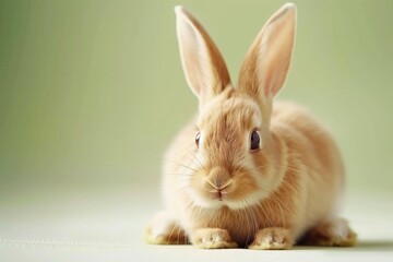 Obraz premium Brown rabbit sitting on a light surface with a soft green background in a close-up view during daytime
