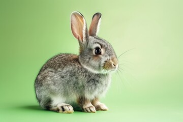 Obraz premium Cute rabbit sitting on green background looking curious at the camera during daytime