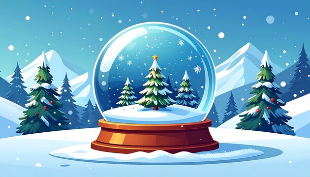 Cartoon illustration of a snow globe with Christmas trees inside, set against a snowy mountain scene with evergreen trees and snowflakes