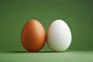 Two eggs shown in close arrangement on a green background with smooth surface during bright light