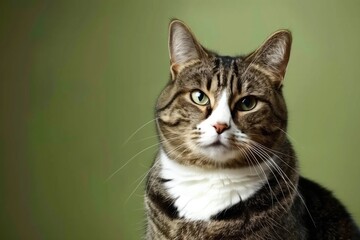 Obraz premium Tabby cat poses for a close-up in a simple green background while looking directly at the camera