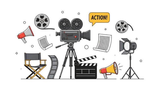 Film Production and Movie Studio Equipment Illustration &ndash; Camera, Clapperboard, Director Chair and Lighting Set
