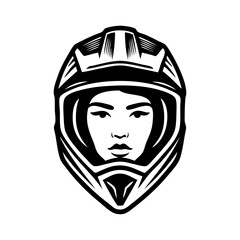 Logotipo con dibujo de la cabeza de una mujer joven con casco de motociclista, vista de perfil  © teracreonte