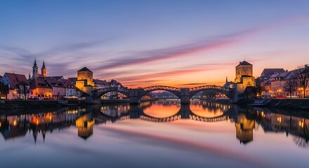 Fototapeta premium Evening cityscape reflecting in calm water under colorful sky.