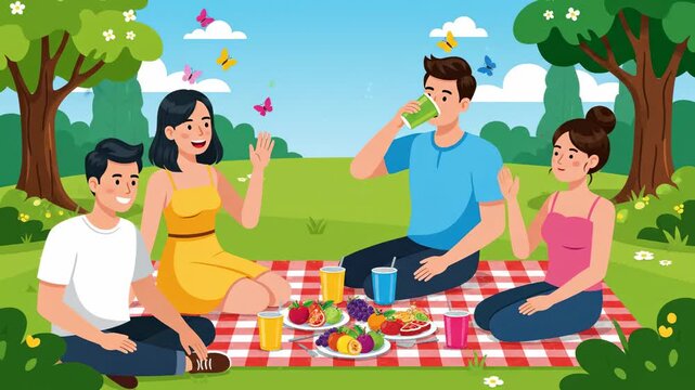 Cartoon friends enjoying a picnic outdoors surrounded by butterflies and trees on a sunny day