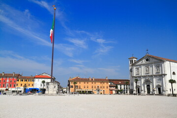 Italian Town Square with Flag and Church, Palmanova, Italy