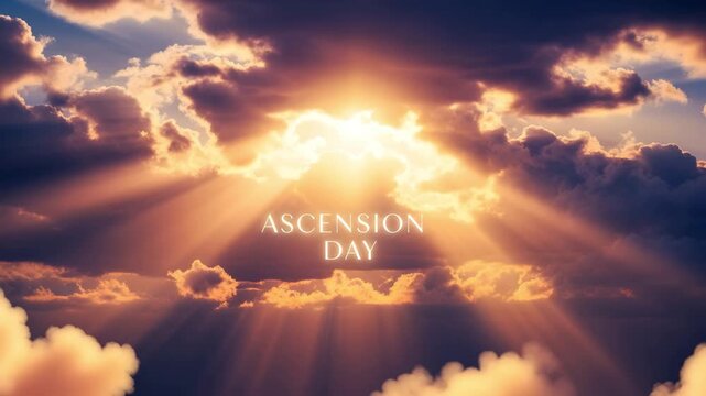 Ascension day sunburst sky clouds dramatic sunlight rays heavenly scene religious background 4K Ai HD high quality video.