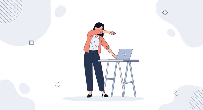 Woman doing dab dance move at standing desk with laptop, modern flat illustration