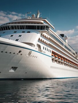 Gro&szlig;es Kreuzfahrtschiff auf dem Meer aus niedriger Perspektive fotografiert. Modernes Passagierschiff als Symbol f&uuml;r Luxusreise, Tourismus, Urlaub und maritime Schifffahrt.
