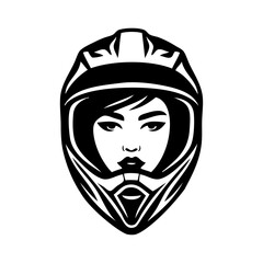 Logotipo con dibujo de la cabeza de una mujer joven con casco de motociclista, vista de perfil  © teracreonte
