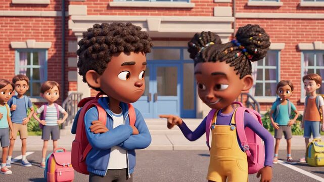 Cartoon kids at schoolyard animated children talking exterior school building pupils with backpacks friendly discussion