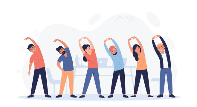 Diverse office workers stretching and exercising during a break at work