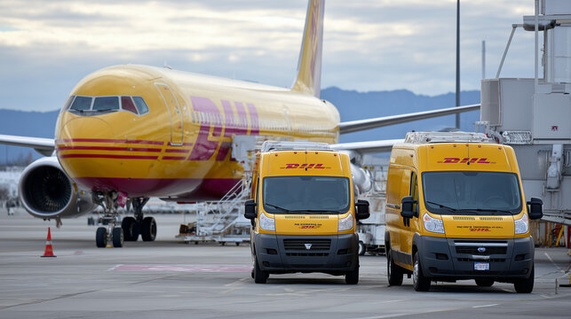 DHL-Frachtflugzeug und Transportfahrzeuge auf dem Flughafenvorfeld. Editorial-Motiv f&uuml;r Logistik, Luftfracht, Pakettransport, globalen Handel und Expresslieferdienste.