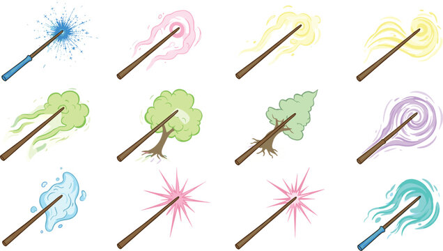 Set of Magic Wands with Colorful Effects: Water, Fire, Trees, and Sparkles in Vector Illustrations