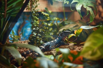 blue tongue skink resting on rock among plants in a natural habitat at a zoo during daylight hours