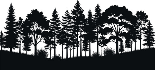 Black and white forest silhouette illustration with diverse tree species, coniferous and deciduous foliage, natural hilly terrain, bushes, grasses, biodiversity and environmental landscape concept © MdAzmol