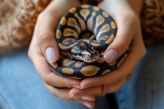 A person holds a ball python in their hands while sitting indoors during daytime