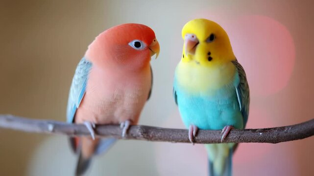 Two colorful parrots perched on a branch, looking at each other, with a blurry background