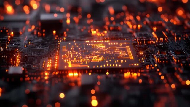 Close-up of a circuit board glowing with orange light, creating an abstract and technological feel