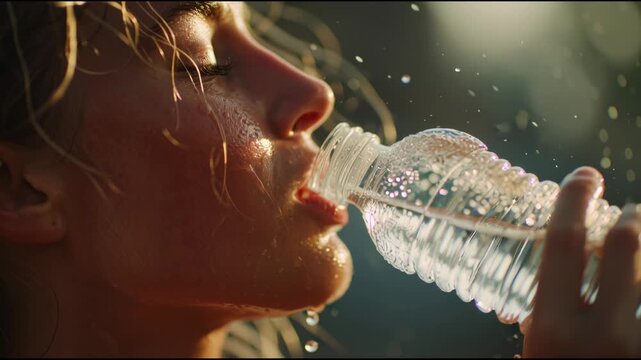 Close up of a person drinking water from a bottle after exercise.
