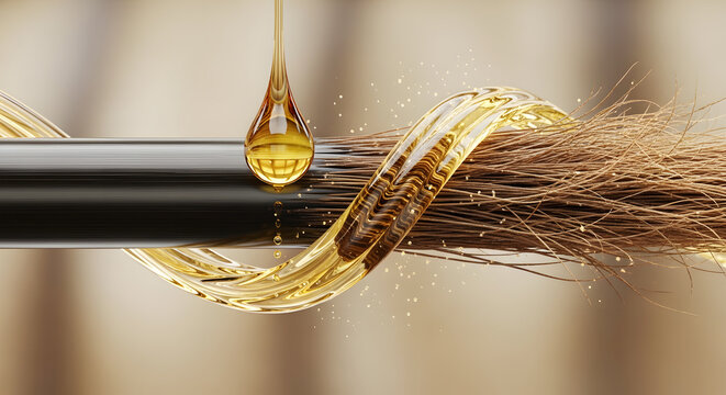 Golden oil droplet falling onto dark hair strand with flowing liquid image