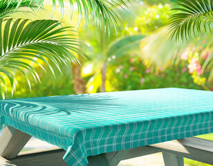 Fototapeta premium Empty wooden picnic table with a checkered teal tablecloth in a sunny tropical garden, vibrant green and blue, outdoor dining backdrop for hospitality industry and event catering flyers