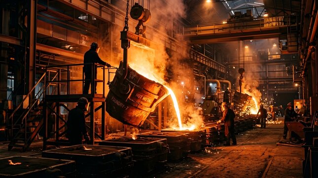 Workers pour molten metal in a large manufacturing facility during evening shift hours in an industrial setting