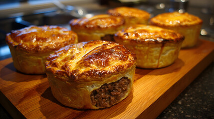 Freshly baked meat pies on wooden board