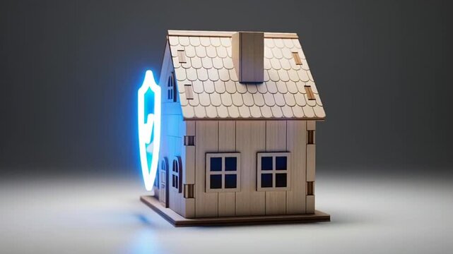 3D house with glowing blue cybersecurity shield icon on wooden base