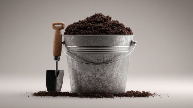 Metal bucket filled with soil, next to a shovel