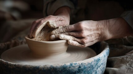 Top-down still life of a potter smoothing wet clay on a wheel, traditional craftsmanship and pottery workshop