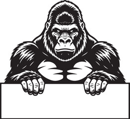 Fototapeta premium Gorilla peeking over a blank sign with a serious expression